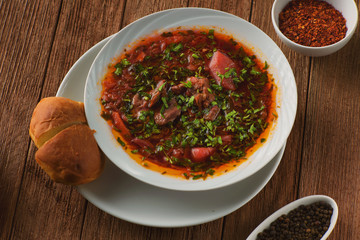 Delicious borscht with lamb, beetroot, herbs and spices