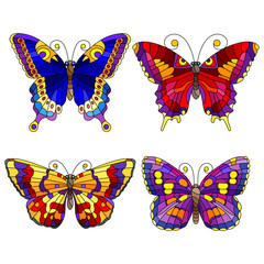 Fototapeta na wymiar Set of bright abstract butterflies in stained glass style, isolated on white background