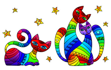 Obraz premium Set of stained glass elements with rainbow cats and stars, isolated images on white background