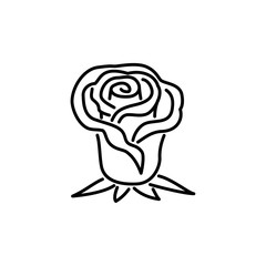 Black & white vector illustration of rose flower. Line icon of ornamental floral plant. Gardening & landscaping. Isolated object