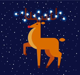 Christmas deer with a garland on horns on a dark background. Snowy winter night. Merry Christmas. Vector illustration in a flat style.