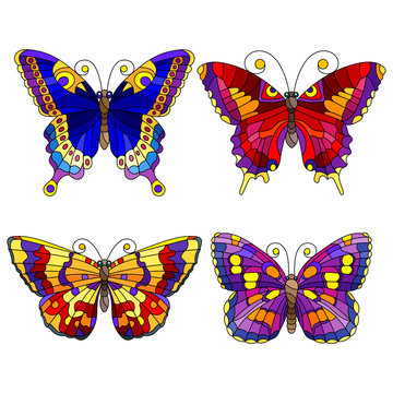 Set of bright abstract butterflies in stained glass style, isolated on white background
