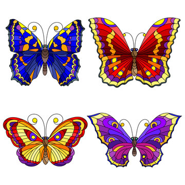 Set of bright abstract butterflies in stained glass style, isolated on white background