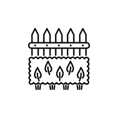 Black & white vector illustration of hedging plant. Line icon of green foliage shrub & bush outside fence. Gardening & landscaping. Isolated object