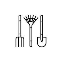 Black & white vector illustration of garden tool set. Line icon of spade, digging fork & leaf rake. Gardening & landscaping instrument. Isolated object
