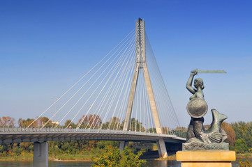 Poland, Warsaw, Warsaw mermaid, Syrenka and Swietokrzyski Bridge.