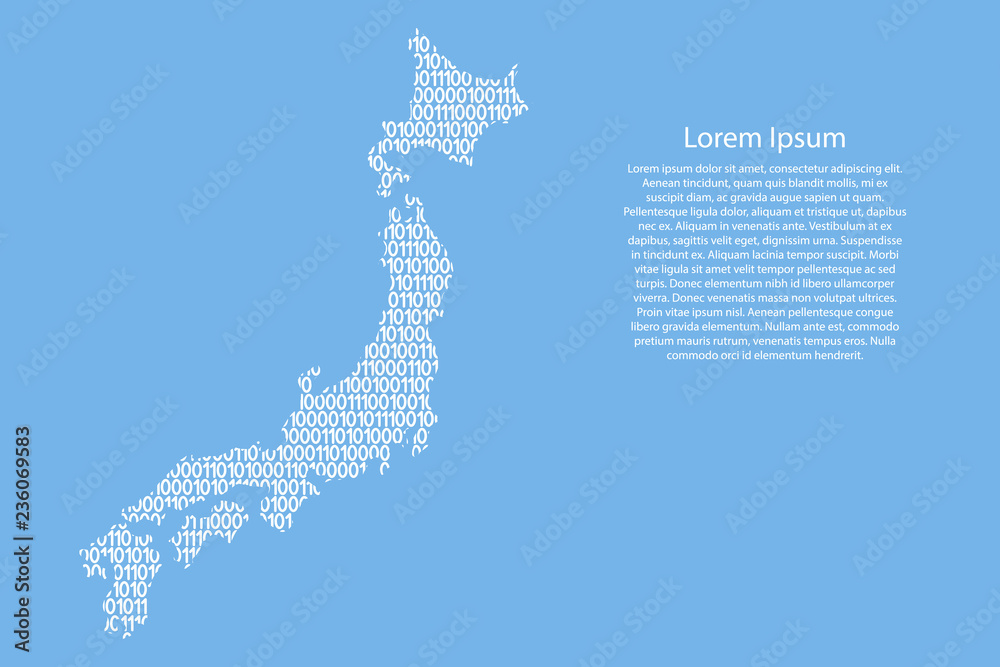 Fototapete japan map abstract schematic from white ones and zeros binary digital code on light blue background 