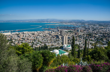 View of Bahai World Centre, Haifa city and port