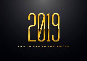 Merry Christmas and Happy New Year text design. Vector greeting illustration with golden numbers.