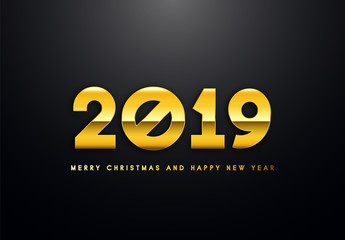 Merry Christmas and Happy New Year text design. Vector greeting illustration with golden numbers.