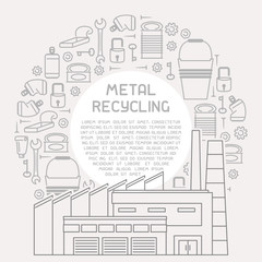 Placard with metal trash,  processing plant and sample text. Linear style vector illustration