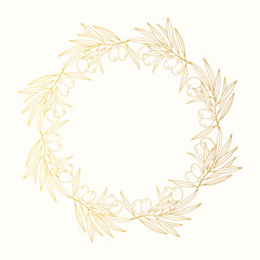 Hand drawn vintage golden olive branch wreath. Greek gold round frame for oil label. Vector isolated illustration.