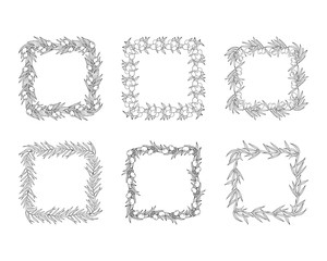 Set of hand drawn olive branch laurel wreaths. Greek oliva leave invitation square frame. Vector isolated illustration.