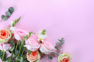Beautiful roses with eucalyptus branches on color background