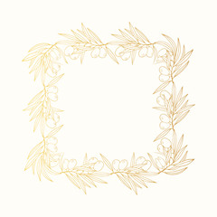Golden hand drawn olive branch wreath. Greek leave border for invitation. Square gold oliva frame. Vector isolated illustration.