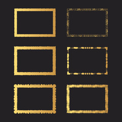 Set of rough gold grunge Japanese rectangular frames. Golden foil ink torn box. Vector isolated background.