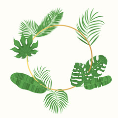 Hand drawn tropical leaves weddiing frame. Aralia, monstera, banana, coconut palm leaf border for invitation card. Vector isolated illustration. Round floral wreath.