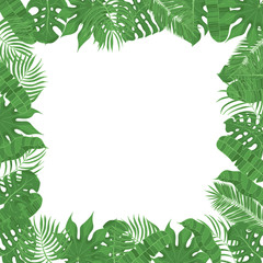 Fototapeta na wymiar Hand drawn tropical leaves weddiing frame. Aralia, monstera, banana, coconut palm leaf border for invitation card. Vector isolated illustration.