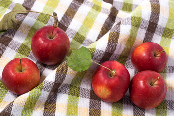 Small apple with green leaf on fabric. ranetka