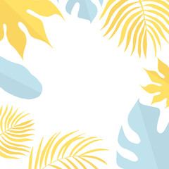 Fototapeta na wymiar Hand drawn pastel tropical leaves wedding frame. Aralia, monstera, banana, coconut palm leaf border for cute baby invitation card. Vector isolated illustration.