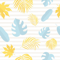 Fototapeta na wymiar Hand drawn pastel tropical rainforest leaves seamless pattern. Aralia, monstera, banana, palm cute baby leaf. Vector isolated illustration.