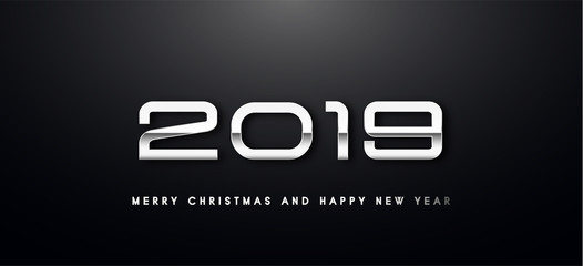 Merry Christmas and Happy New Year text design. Vector greeting illustration with silver numbers.
