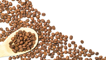 coffee beans on wooden spoon on white background copy space