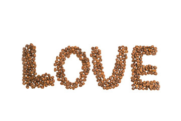 The inscription Love of coffee. coffee beans heart on white background