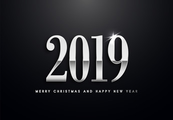 Merry Christmas and Happy New Year text design. Vector greeting illustration with silver numbers.