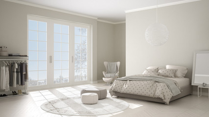 Comfortable modern white and beige bedroom with wooden parquet floor, panoramic window on winter landscape, carpet, armchair and bed with blanket and pillows, minimal interior design