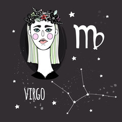 Cute zodiac girl. Virgo sign. Hand drawn vector illustration. Everything is isolated
