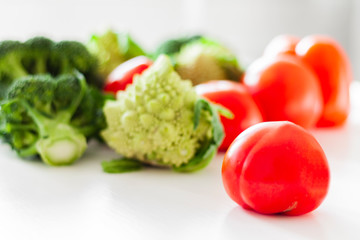 Vegetable variety on wooden white table. Selection of summer and autumn vegetables, space for text