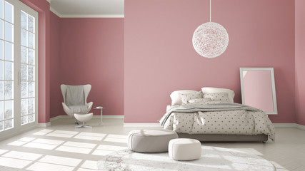 Colored modern pink and beige bedroom with wooden parquet floor, panoramic window on winter landscape, carpet, armchair and bed with blanket and pillows, minimal interior design