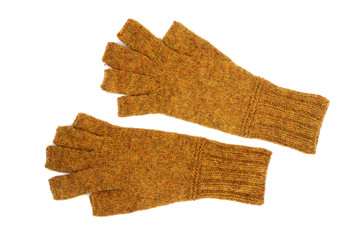 Yellow knitted gloves with open fingers isolated on white background. Handwork. View from above.