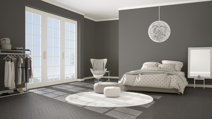 Comfortable modern gray and beige bedroom with wooden parquet floor, panoramic window on winter landscape, carpet, armchair and bed with blanket and pillows, minimal interior design