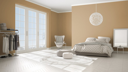 Colored modern orange and beige bedroom with wooden parquet floor, panoramic window on winter landscape, carpet, armchair and bed with blanket and pillows, minimal interior design