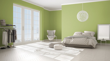 Colored modern green and beige bedroom with wooden parquet floor, panoramic window on winter landscape, carpet, armchair and bed with blanket and pillows, minimal interior design