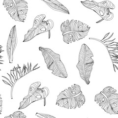 Hand drawn tropical leaves. Graphic vector seamless pattern