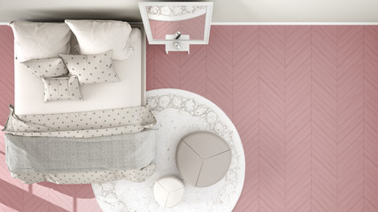 Comfortable modern pink and beige bedroom with wooden parquet floor, carpet with pouf and bed with blanket and pillows, minimal interior design, plan, top view, above