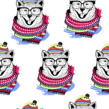 Hand drawn hipster dog in scarf and beanie. Colored vector seamless pattern