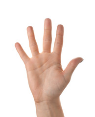 Female hand showing five fingers on white background