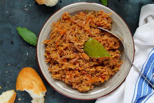 Vegetarian and vegan bigos - traditional Polish dish. Healthy food concept. Diet food.