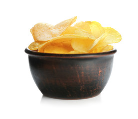 Bowl with tasty potato chips on white background
