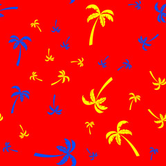 Randomly arranged Yellow and Blue palms on red background. Seamless texture pattern.