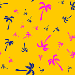 Randomly arranged Pink and Blue palms on Yellow background. Seamless texture pattern.
