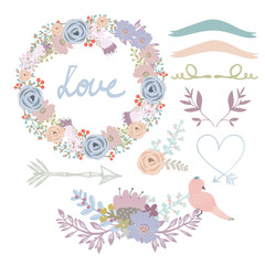 Hand drawn floral wreath and various doodle decorative elements. Vector set. All elements are isolated
