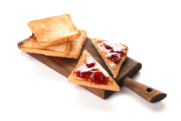 Board with sweet toasted sandwiches on white background