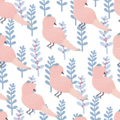 Hand drawn floral branches and pink birds. Colored vector seamless pattern