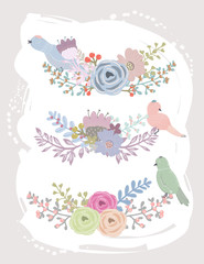 Hand drawn floral elements. Set of three beautiful bouquets with birds on it. Every bouquet is isolated.