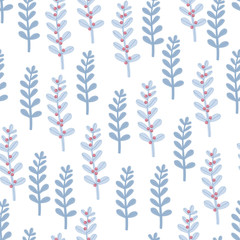 Fototapeta na wymiar Hand drawn blue floral branches. Colored vector seamless pattern